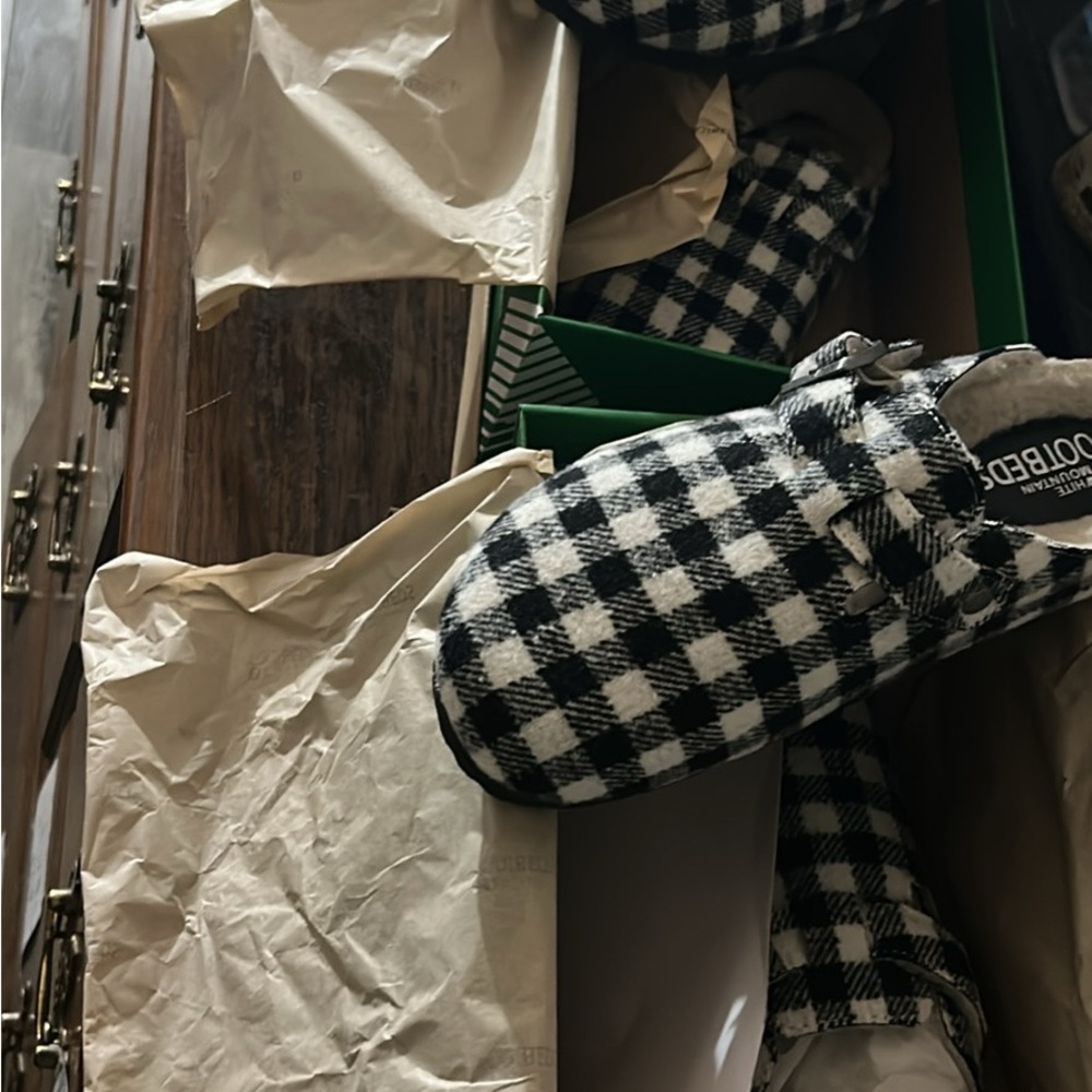White Mountain Black and White Plaid Mules